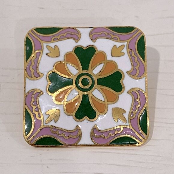 Vintage Enamel Square Earrings In Green Pink Dark Yellow/Orange Enamel On Stud - Picture 6 of 7